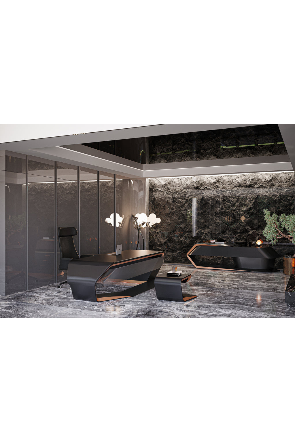 FUTURE 294 CM CİLALI SİYAH MAKAM ÇALIŞMA OFİS MASA TAKIM SOL ETAJERLİ